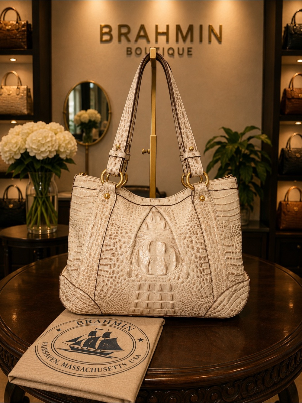 LOW START Brahmin Cream Croc-Embossed Leather Shoulder Bag - Picture 3 of 10
